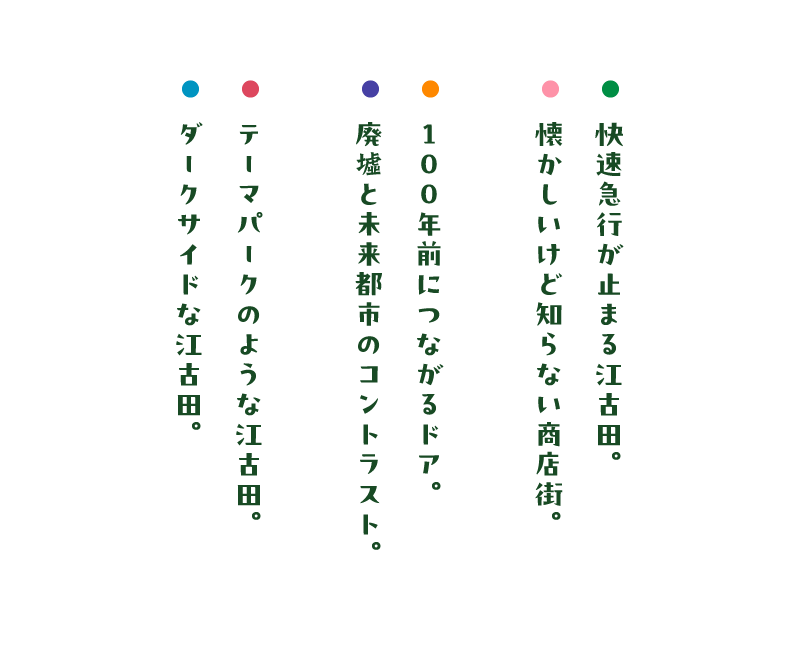 快速急行が止まる江古田。懐かしいけど知らない商店街。１００年前につながるドア。廃墟と未来都市のコントラスト。テーマパークのような江古田。ダークサイドな江古田。