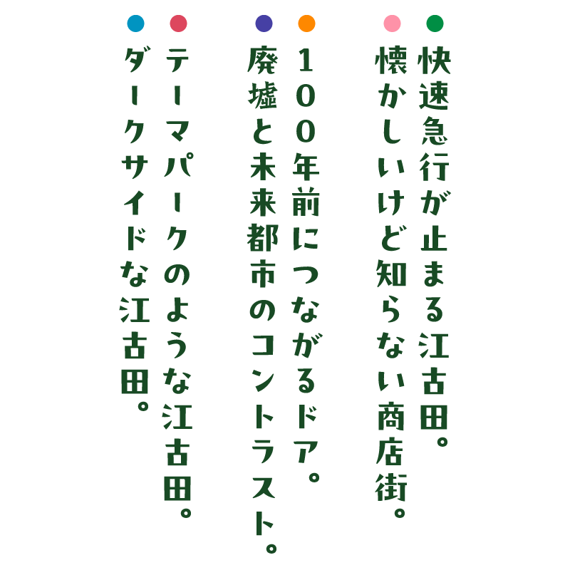 快速急行が止まる江古田。懐かしいけど知らない商店街。１００年前につながるドア。廃墟と未来都市のコントラスト。テーマパークのような江古田。ダークサイドな江古田。